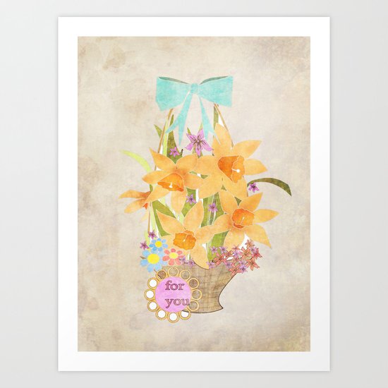 Basket with spring cveti . Retro . Vintage . Art Print