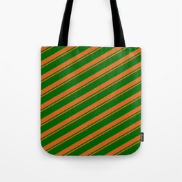 [ Thumbnail: Chocolate & Dark Green Colored Striped Pattern Tote Bag ]