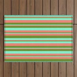 [ Thumbnail: Salmon, Green & Aquamarine Colored Stripes/Lines Pattern Outdoor Rug ]
