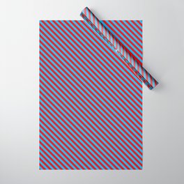 [ Thumbnail: Red and Deep Sky Blue Colored Stripes Pattern Wrapping Paper ]