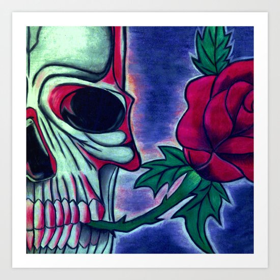 Skull & Red Rose Art Print