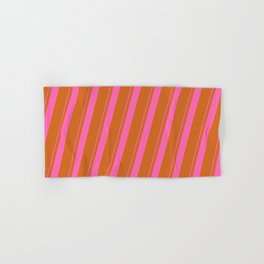 [ Thumbnail: Hot Pink and Chocolate Colored Striped/Lined Pattern Hand & Bath Towel ]