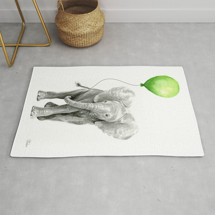 Baby Elephant With Green Balloon Rug By Olechka Society6 Baby Elephant With Green Balloon Rug By