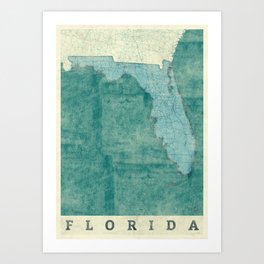 Florida State Map Blue Vintage Art Print | Architecture, Painting, Illustration, Graphic Design 