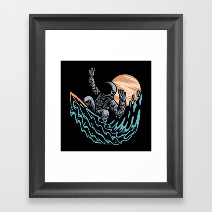 Astronaut on a surfboard with cool move Framed Art Print