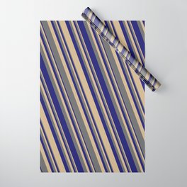 [ Thumbnail: Tan, Dim Gray, and Midnight Blue Colored Lined Pattern Wrapping Paper ]