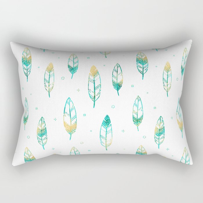 Watercolor and Gold Leaf Feathers Rectangular Pillow