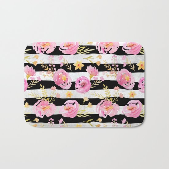 Delicate Poppy Pattern On Stripes Bath Mat