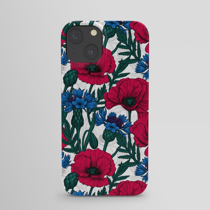Red poppies and blue cornflowers on white iPhone Case