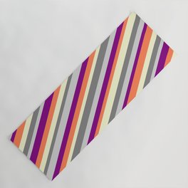 [ Thumbnail: Colorful Light Yellow, Gray, Light Gray, Purple & Coral Colored Lines/Stripes Pattern Yoga Mat ]