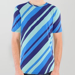 [ Thumbnail: Blue, Midnight Blue, and Turquoise Colored Lined/Striped Pattern All Over Graphic Tee ]