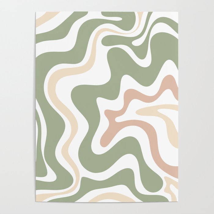 Retro Liquid Swirl Abstract Pattern in Sage, Blush-Cream, and White Poster