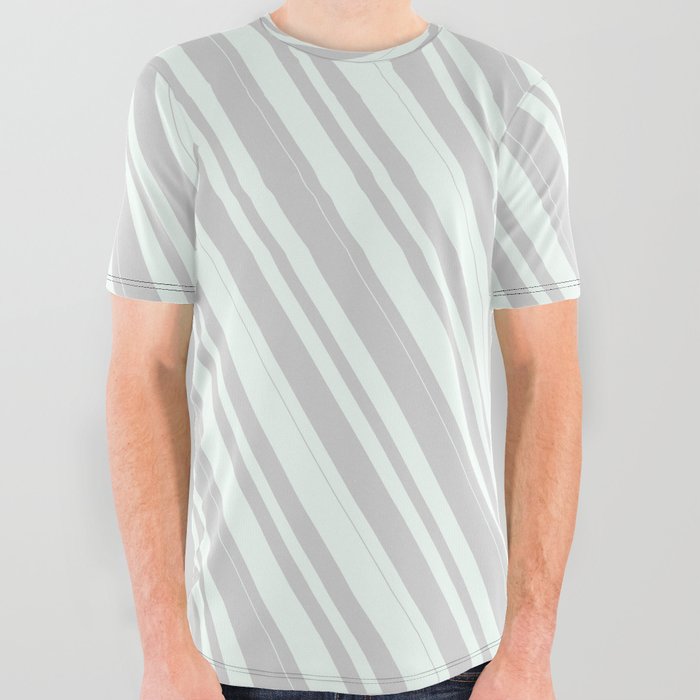 Mint Cream and Light Gray Colored Stripes/Lines Pattern All Over Graphic Tee