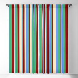 [ Thumbnail: Beige, Cornflower Blue, Sea Green, and Dark Red Colored Lines/Stripes Pattern Blackout Curtain ]