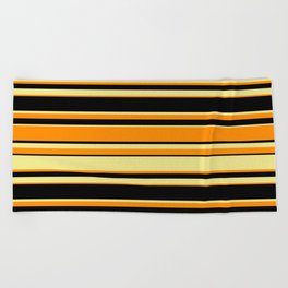 [ Thumbnail: Dark Orange, Black, and Tan Colored Lines Pattern Beach Towel ]