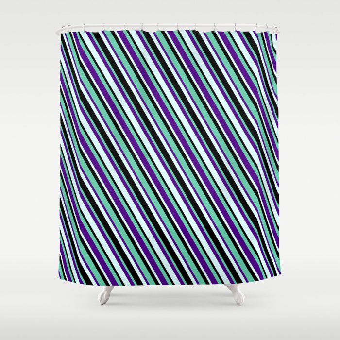 Aquamarine, Indigo, Light Cyan & Black Colored Lined/Striped Pattern Shower Curtain