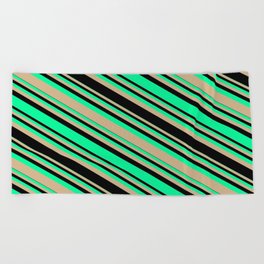 [ Thumbnail: Green, Tan, and Black Colored Striped/Lined Pattern Beach Towel ]