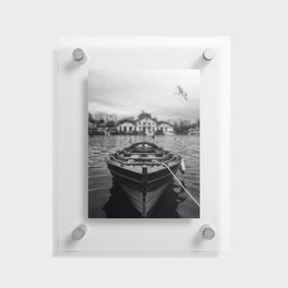 Ships in the blue harbor with seagull portrait black and white photograph / photography Floating Acrylic Print