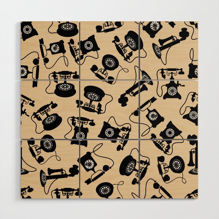 Black Vintage Rotary Dial Telephone Pattern on Antique Beige Wood Wall Art