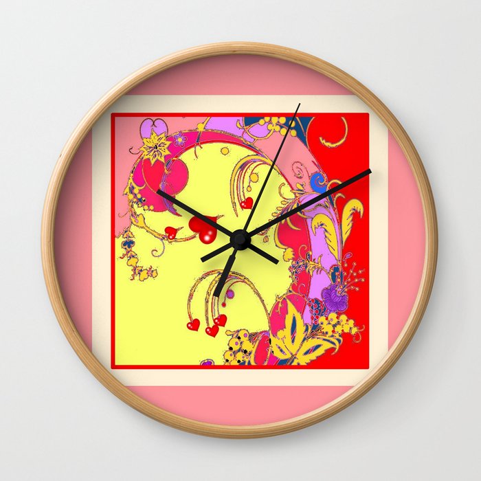 Red Hearts Gold Color Fantasy Scrolls & Flowers Ferns Art Pattern Wall Clock