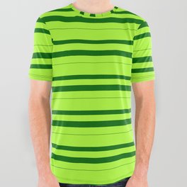[ Thumbnail: Light Green & Dark Green Colored Lines/Stripes Pattern All Over Graphic Tee ]