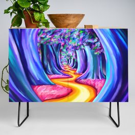 Psychedelic Trippy Tree Forest Path Credenza