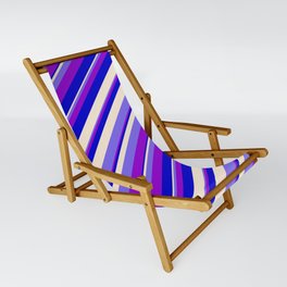 [ Thumbnail: Beige, Medium Slate Blue, Dark Violet & Blue Colored Stripes Pattern Sling Chair ]