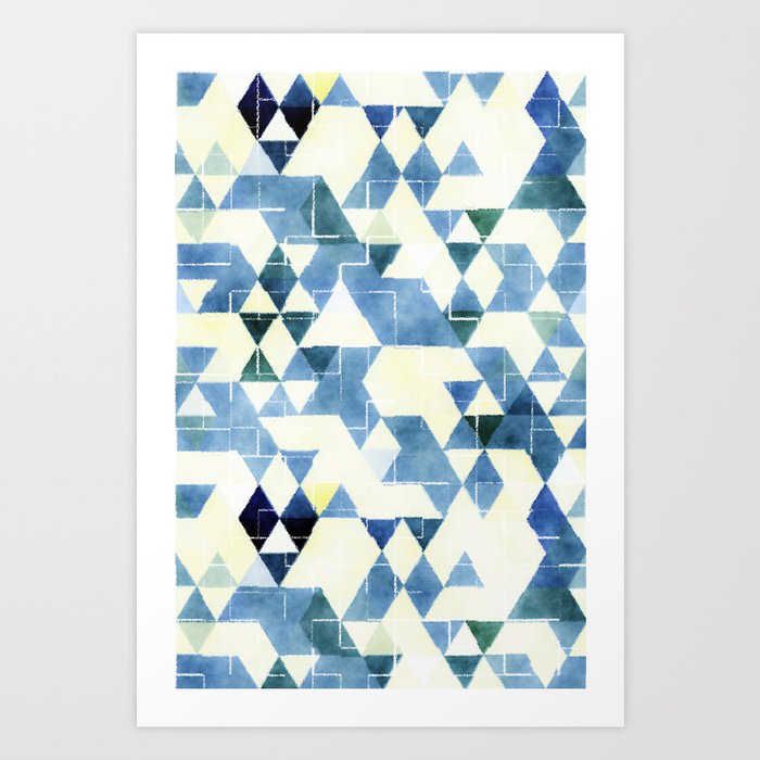 Abstract Blue Triangles, Watercolor Pattern Art Print