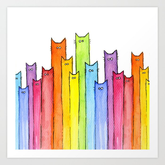 Cat Rainbow Watercolor Pattern Kunstdrucke | Gemälde, Aquarell, Illustration, Minimalism, Animals, Humor, Childrens, Regenbogen, Rainbow-cat, Whimsical