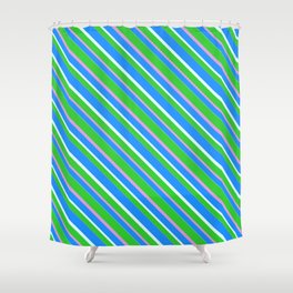 [ Thumbnail: Lime Green, Plum, Blue & Light Cyan Colored Pattern of Stripes Shower Curtain ]