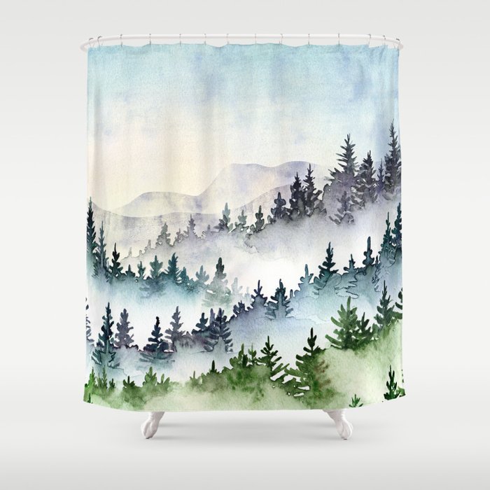 Misty Mountain Pines - Foggy Forest Watercolor Painting Shower Curtain