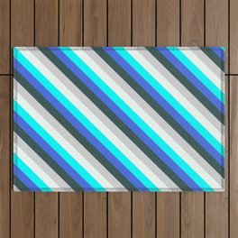 [ Thumbnail: Royal Blue, Dark Slate Gray, Light Grey, Mint Cream, and Aqua Colored Pattern of Stripes Outdoor Rug ]