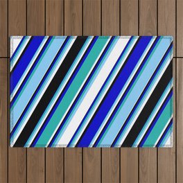 [ Thumbnail: Vibrant Blue, Light Sea Green, Light Sky Blue, White & Black Colored Lines/Stripes Pattern Outdoor Rug ]