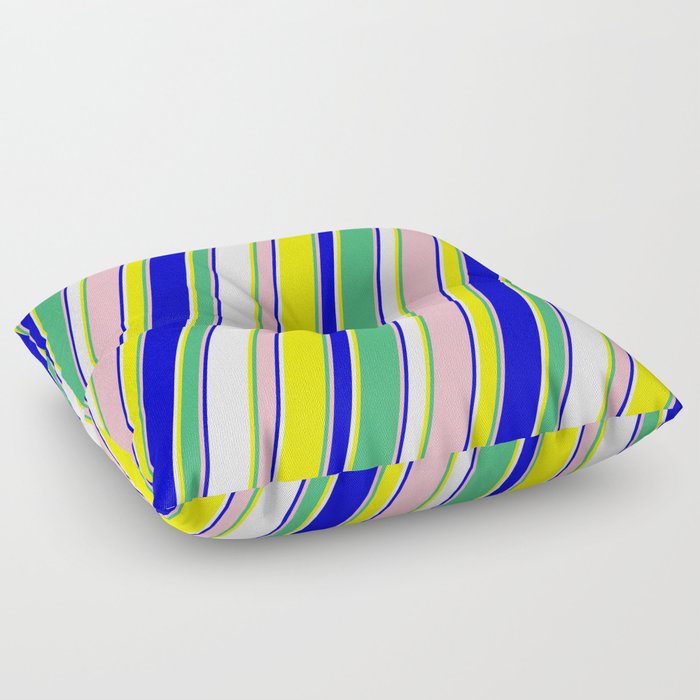 Eyecatching Mint Cream, Yellow, Sea Green, Light Pink & Blue Colored Lines/Stripes Pattern Floor Pillow