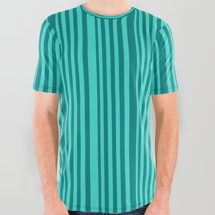 Teal and Turquoise Colored Stripes Pattern All Over Graphic Tee