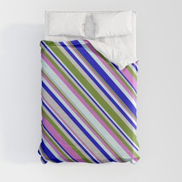 [ Thumbnail: Colorful Light Grey, Green, Orchid, Light Cyan, and Blue Colored Lined/Striped Pattern Duvet Cover ]
