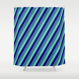 [ Thumbnail: Aquamarine and Blue Colored Lined Pattern Shower Curtain ]