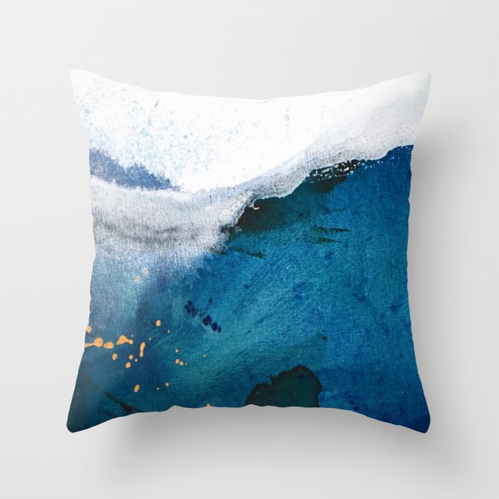 In the Surf: a vibrant minimal abstract painting in blues and gold Throw Pillow