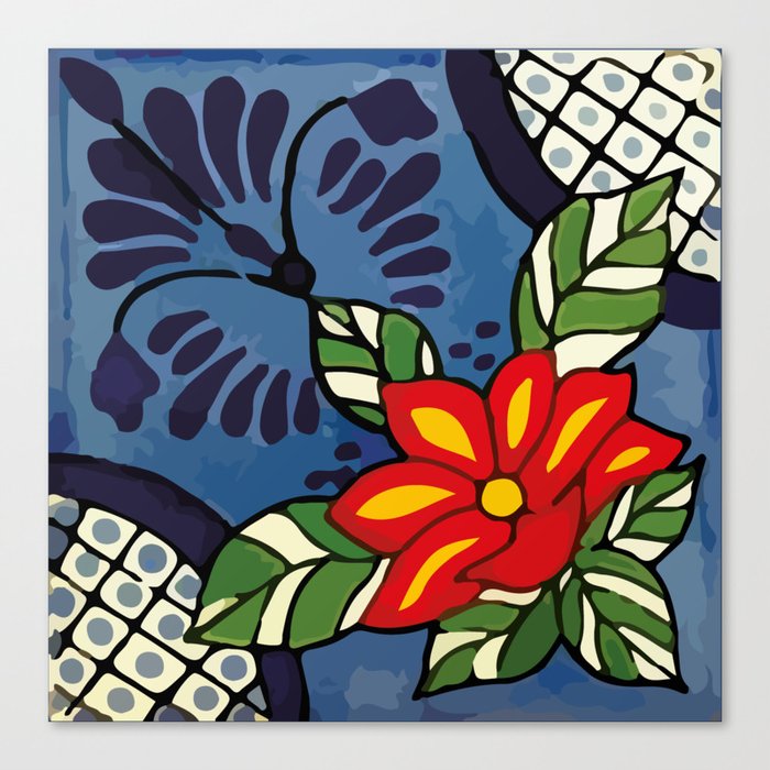 Vintage boho chic blue flower colorful mexican tile folk art  Canvas Print