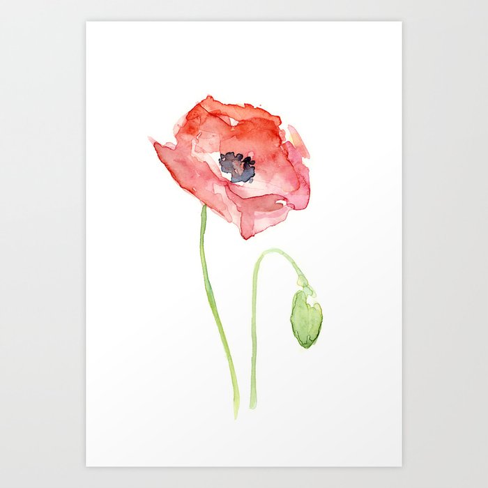 Red Poppy Watercolor Flower Floral Abstract Art Print