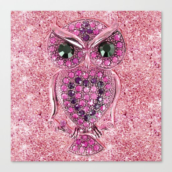 Cute Pink Owl, glitter pink heart diamond photo print Canvas Print