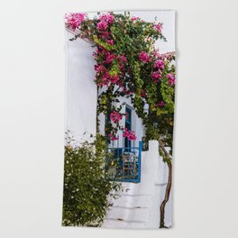 Traditional Greek Street Scenery | Blue Door and Pink Flowers | Island Life | Travel Photography in Europe Beach Towel