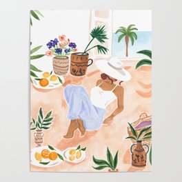 Woman Sitting by the Window Art Print - Sabina Fenn Illustration - Feminine Gouache Tropical Portrai Poster