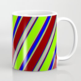 [ Thumbnail: Chartreuse, Dark Gray, Maroon & Blue Colored Lines/Stripes Pattern Coffee Mug ]