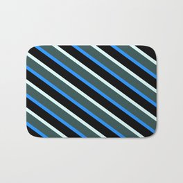 [ Thumbnail: Light Cyan, Dark Slate Gray, Blue & Black Colored Lines Pattern Bath Mat ]