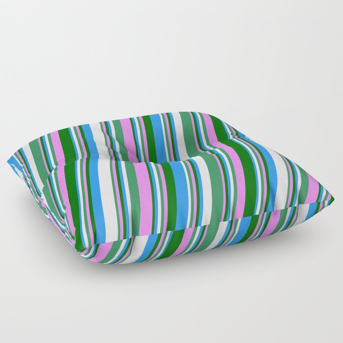 Vibrant Sea Green, Violet, Dark Green, Blue, and White Colored Stripes/Lines Pattern Floor Pillow