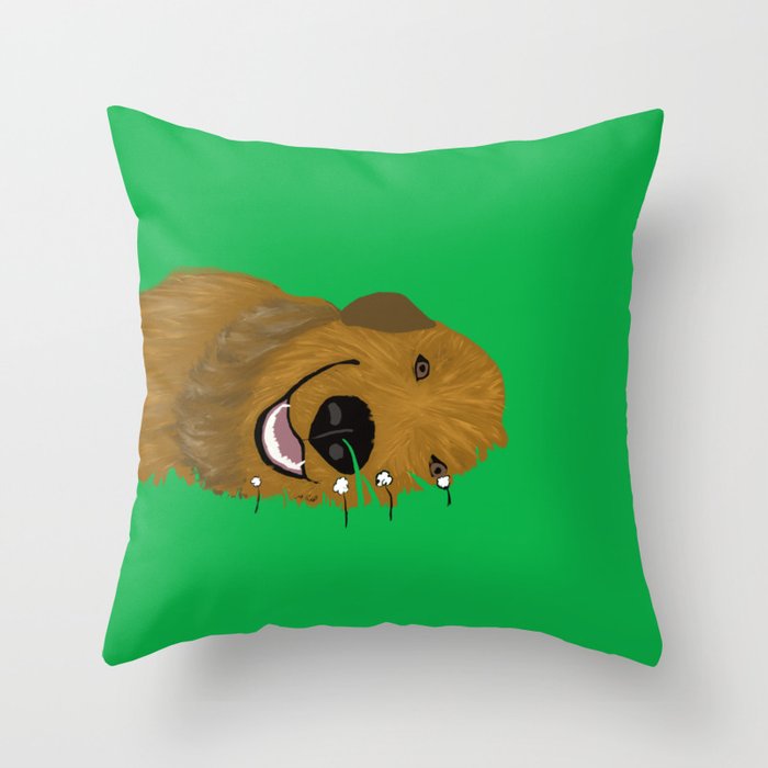 Goldendoodle in Grass Throw Pillow | Drawing, Golden-doodle, Golden-retriever, Dog-in-grass, Grass, Brown-dog, Dog