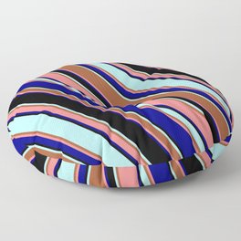[ Thumbnail: Eyecatching Turquoise, Sienna, Light Coral, Blue, and Black Colored Lined Pattern Floor Pillow ]