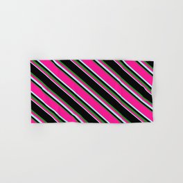 [ Thumbnail: Black, Forest Green, Deep Pink & Turquoise Colored Lined Pattern Hand & Bath Towel ]