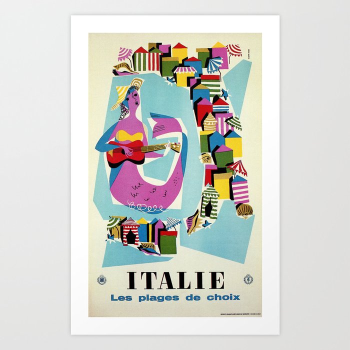 Retro naive cubist Italian beaches, mermaid travel ad Art Print